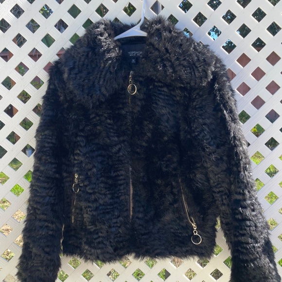 Topshop Black Faux Fur Collared Jacket Cozy Y2K Winter - Picture 1 of 5